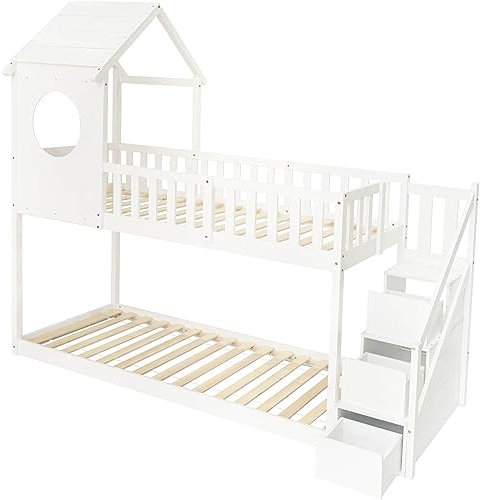 kubeier Etagenbett für Kinder - Stockbett mit Rausfallschutz und Lattenrost 90x200 cm,Baumhaus Kinderbett Bettgestell Mit Leiter Bettkasten, Massivholz Kiefer, Weiß, ohne Matratze