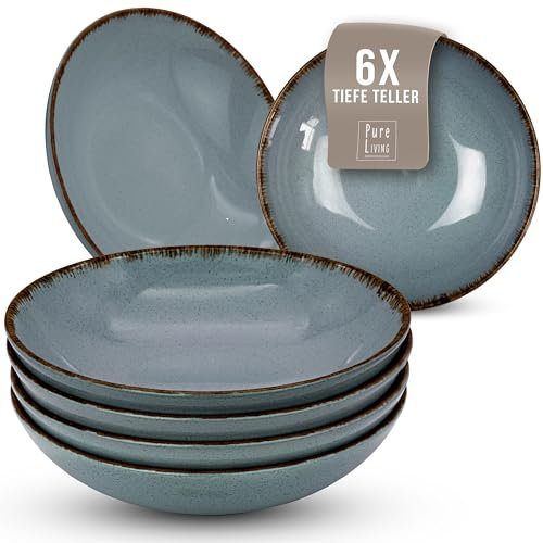 Juego de 6 Platos Hondos - Vajilla Completa de Steingut Premium para 6 Personas, Apta para Lavavajillas - Set Moderno y Elegante de Platos Profundos para Ensalada y Pasta - en Color azul humo