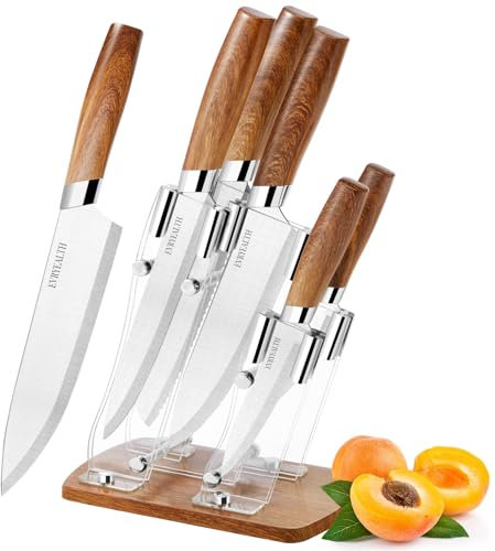 Acrylic Kitchen Knife Set - 5 Piece Set, Clear Base and Stainless Steel Blade, Includes Paring, Utility, Carving, Bread Knives (Wood Grain)