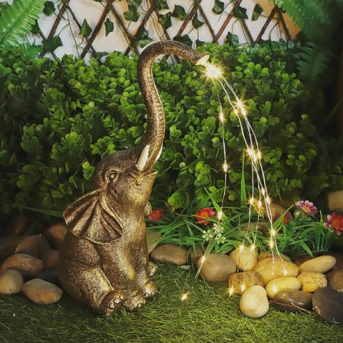 HIAME Garten Deko Elefant Statue Solare Lichter, Solarlampen Ornamente für Außen Balkon Gartendekoration, Innenhof Layout Elefant Figuren Harz Solarleuchten kreative Geschenk (D)