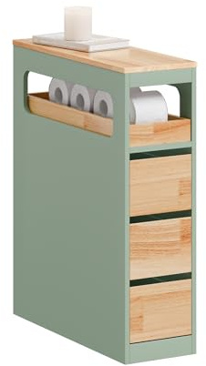 SoBuy Badezimmerschrank Schmal Badschrank mit 3 Schubladen Nischenschrank Holz für kleine Bäder WC & Küche Toilettenschrank Beistellschrank, Grün 65x23x82cm BZR54-II-GR