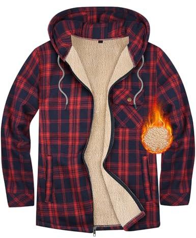 Xnova Camicia Flanella Uomo Manica Lunga a Quadri Casual Zip Felpa Giacca con Cappuccio Fodera in Pile Caldo Cappotto Camicia Imbottita Hoodies Sweatshirt con Tasche Invernale Autunno (Rosso, L)