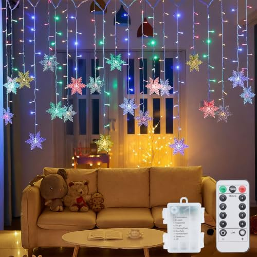 LED Schneeflocke Lichterkette, 96LED Lichtervorhang Weihnachtsdeko, Fenster Lichterkette Innen, Wasserdicht 8 Modi Bunte Lichterkette Vorhang für Fenster, Zimmer, Weihnachtsbeleuchtung Innen Außen