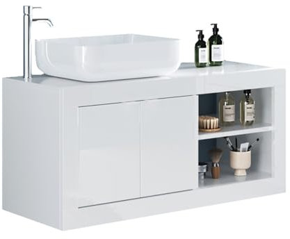 Mobile Bagno Sospeso Moderno Composto da Lavabo in Ceramica 2 Ante Arredo Bagno Design Minimal 92x90 cm Bianco Lucido MBL28 (Senza specchiera)