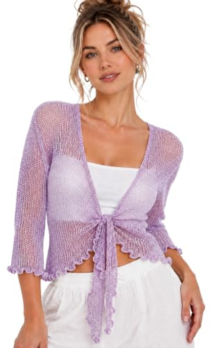 janisramone® Damen-Strickjacke, Doppel-Feinstrick, 3/4-Ärmel, Schnürung vorne, Bolero-Cardigans für Damen, dehnbar, bauchfrei, leicht, Sommer-Bolero, Abend-Tops, Flieder, Einheitsgröße