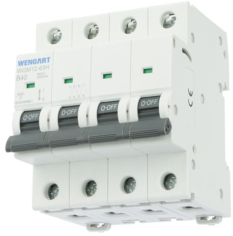 Wengart Disjoncteur Tétrapolaire 4P - 40A - Courbe B (Haute Sensibilité) - AC 230V/400V - Pouvoir de Coupure 6kA - Idéal pour Pompe à Chaleur, Réseaux Triphasés et Lignes Longues - WGM12-63H