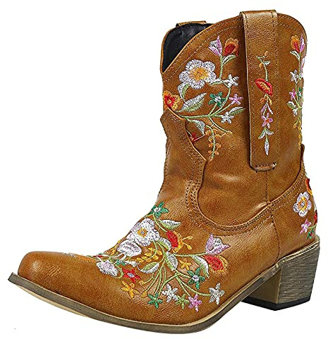 Haoeacr Cowboy Boots for Women Ankle Cowgirl Floral Embroidery Stitched Chunky Heel Pointy Toe Retro Western Boots, yellow, 39