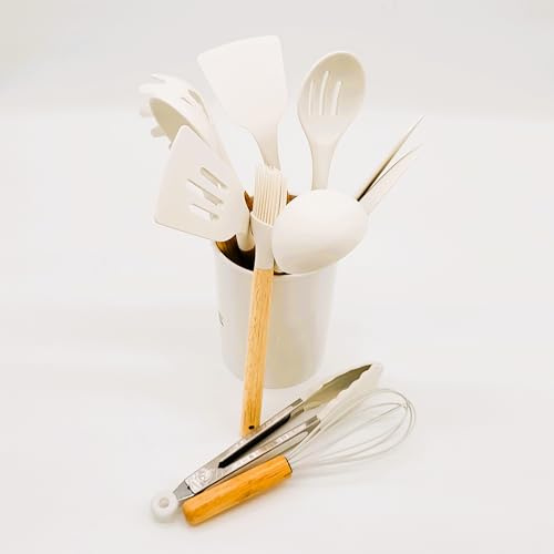 BWG Kochbesteck Set plus Behälter, Kochutensilien Set, Küchenhelfer Set aus hochwertigem Silikon, Griffe in elegantem Design, hitzebeständig. (Holz, Weiss)