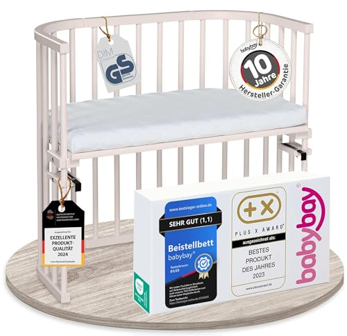 babybay Original Beistellbett aus massivem Buchenholz/kompakt & verwandelbar/Kinderbett Höhe stufenlos verstellbar & umweltfreundlich/mitwachsendes Babybett (beige lackiert) / inkl. Matratze