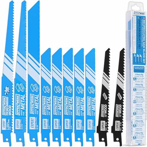 EffektWerk - Reciprocating Saw Blade Set - 10 Pieces - Heavy-Duty HCS Steel Sabre Saw Blades for Wood, Metal & Plastic - 6/10/14/18 TPI