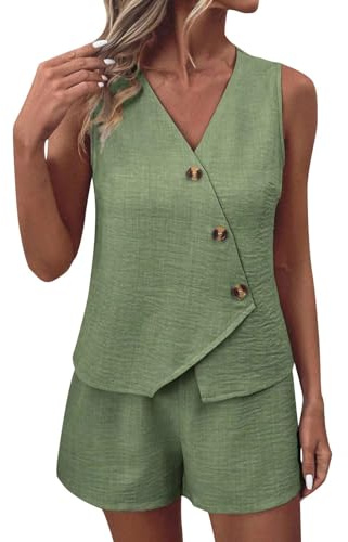 NSICBMNO Lounge Sets For Women Shorts Co Ord Sets Summer 2 Piece Outfits Sleeveless Waistcoat V Neck Vest Tops Wide Leg Shorts Casual Tracksuits Travel Airport Outfits For Office Work Beach