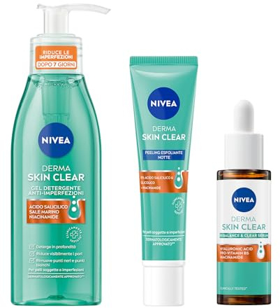 NIVEA Derma Skin Clear Skincare Kit Anti-Imperfezioni con Gel Detergente Viso 150 ml, Peeling Notte Esfoliante 40 ml e Siero Viso Perfezionante & Riequilibrante 30 ml per pelli miste e grasse