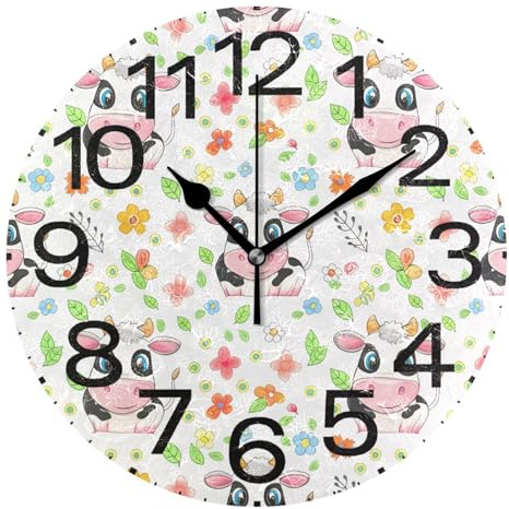 Kutsu Scale Cute Cartoon Cows Wall Clock Silent Non Ticking, Battery Operated Round Clock 10 Inch for Home Bedroom Living Room Kitchen Office School Classroom, Black