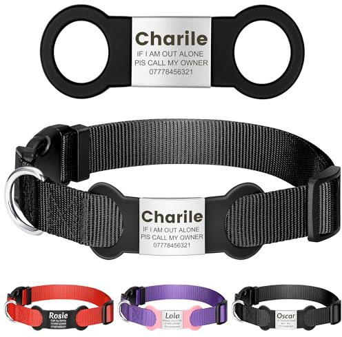 YEHANTI Nylon Hundehalsband mit Personalisiert Hundemarke, Komfortabel und Leise, Lasergraviertes Hundemarke mit Name, Adresse und Telefonnummer (Schwarz)