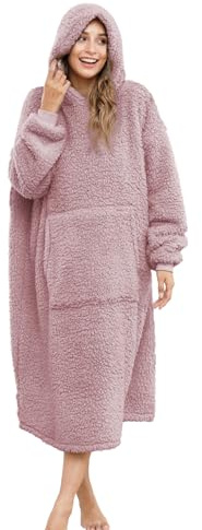 ililmmoe Sherpa bärbar filt överdimensionerad huvtröja sweatshirt TV-filt med långa ärmar och ficka, DustyPink, one size