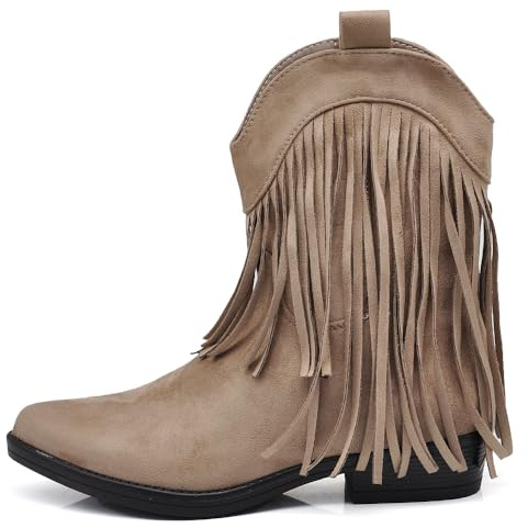 IF Texani Cowboy Western Damenschuhe Stiefel Stiefeletten Fransen Camperos Ethnic ML523, 523 Taupe, 38 EU