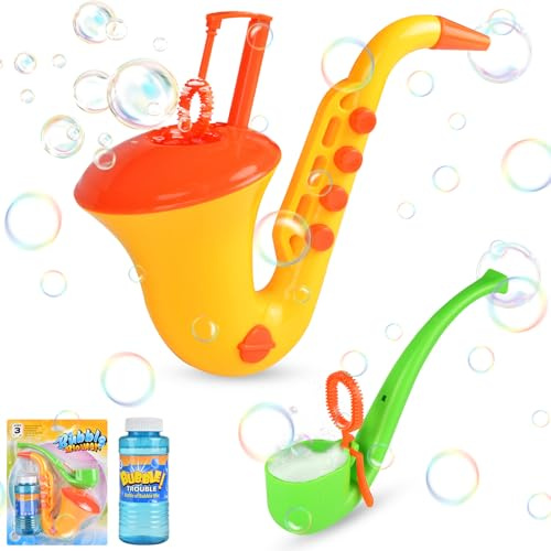 Set di 2 giocattoli per bolle di sapone, sassofono, pistola per bolle di sapone e pipa di sapone con soluzione, giocattolo per bambini all'aperto per feste estive, giardino, compleanno, riutilizzabili
