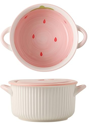 Cute Soup Bowl with Handles and Lid, 900ml Large Ramen Bowl for Instant Noodles Microwave Safe