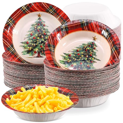 FYSUIMU 50Pcs Christmas Paper Bowls 16 Oz Red Green Plaid Xmas Tree Party Bowl Disposable Bowl for Winter Holiday Birthday Party Supplies