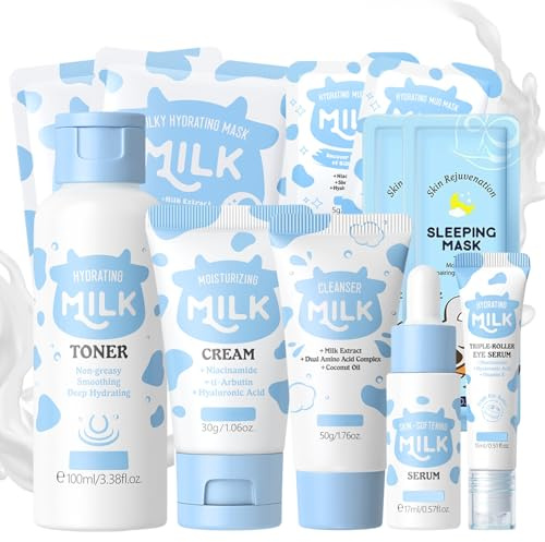 Milk Skincare Set per la cura del viso per ragazze e donne, idratante e delicata della pelle, set regalo per tutti i tipi di pelle