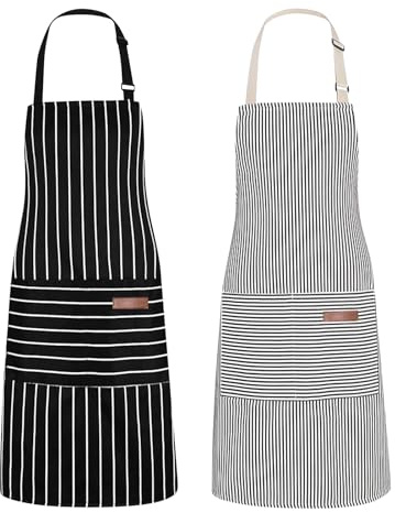 2 Pack Unisex Adjustable Bib Apron with Pockets for Cooking Kitchen, Chef Women Men Aprons for Home Kitchen Restaurant,Coffee House, Black & Grey