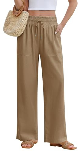 PASUDA Pantalon Femme Fluide Été Pantalons Lin Taille Haute Elastique Pantacourt Léger Ample Jogging Décontractée Large avec Cordon de Serrage Longueur Pants Chic et Elegant avec Poches (Kaki, L)
