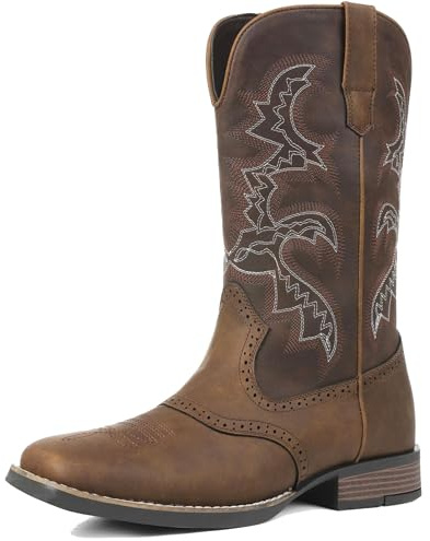 Atsroel Mens Cowboy Boots Square Toe Western Boots Pull On Resistant Work Traditional Country Shoes Chunky Heel Embroidered Riding Mid Calf