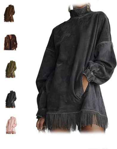 YGSIKY Mini Abito Vintage in Pelle Scamosciata Larga da Donna, Abiti a Maniche Lunghe con Scollo a Lupetto e Nappa, Abito da Cowgirl retrò, Cappotto Patchwork a Maniche Lunghe (Black,M)