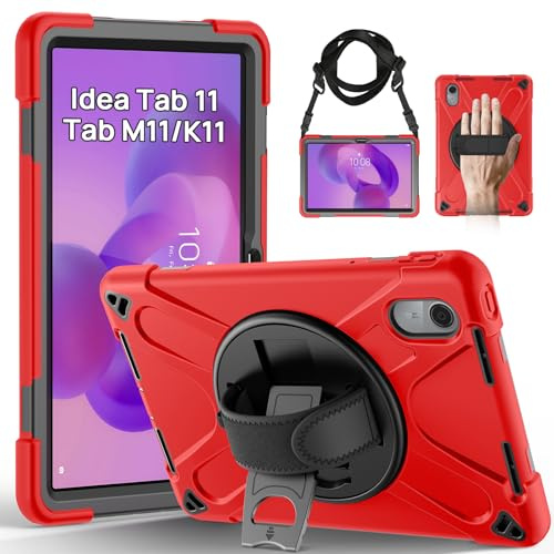 Gerutek Cover per Lenovo Idea Tab 11 Pollici/Tab M11/ Tab K11 Gen 2, Rosso | Lenovo Moto Pad 2026/Xiaoxin Pad Custodia Robusta Antiurto con Supporto Girevole a 360°, Cinghia per Mano/Spalla, Portapenne