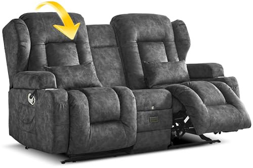 SITURAY 2er Relaxsessel mit Liegefunktion und Wippfunktion, Zweisitzer Fernsehsessel 2 Sitzer TV Sessel mit Konsole, Manuell Verstellbar Doppel Kinosessel mit USB/TYP C, bis 360 kg (Samt Grau)