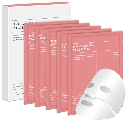 Bio Collagen Face Mask, Hydrating Overnight Sheet Mask, 5pcs | Deep Moisturizing, Pore Minimizing, Elasticity & Wrinkle Improvement, Glass Skin Glow