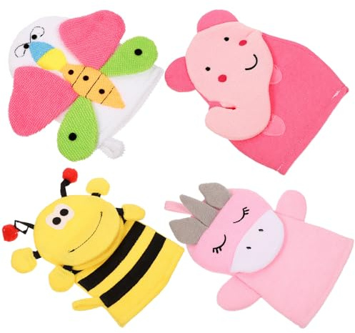 COOLHIYA Peeling Duschhandschuhe 4 Stück Cartoon Design für und Babys Weiche Waschlappen zum Baden und Duschen Zufälliger Stil