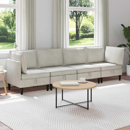 FWIKDUN Wohnzimmergarnitur mit Boxkissen-Design, 4-teiliges Set in Creme aus Samt und Sperrholz, gepolsterte Sitze mit Schaumstofffüllung, ergonomisch geformt für Komfort, modernes Design