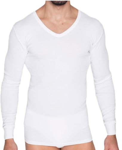 FERRYS - 5284 - Camiseta Manga Larga Básica Cuello Pico Hombre - 100% Algodón Peinado - Color Blanco - Talla L/56 - Fabricado en España