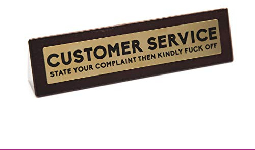 Boxergåvor 'Kundservice - State Your Complaint then Please F*Ck Off' nyhet varningsskylt i trä | rolig kontorshumor present till kollega eller chef | 4,5 cm x 17,5 cm