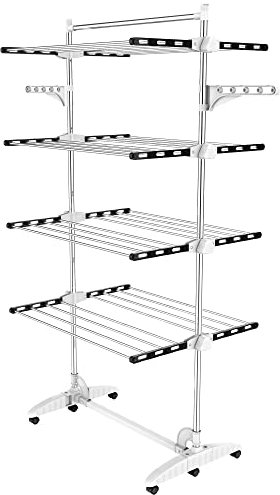Todeco Stendibiancheria a torre pieghevole a 4 livelli in acciaio inox, asciugabiancheria a torre con 6 ruote, ali, asta superiore, stendibiancheria mobile per balcone, soggiorno, vasca da bagno, nero
