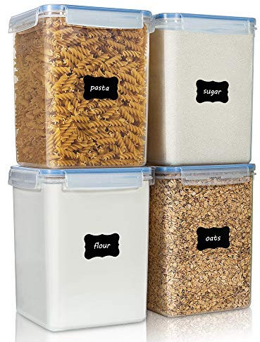 Vtopmart Large Food Storage Containers 5.2L / 175oz, 4 Pieces BPA Free Plastic Airtight Canisters for Flour, Sugar, Baking Supplies, Rice with Lids, 4 Measuring Cups and 24 Labels, Blue