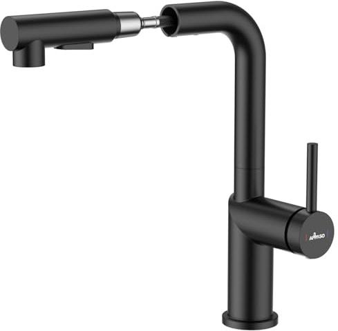 APPASO Robinet cuisine avec douche, robinet de cuisine extractible, mitigeur rotatif à 360 ° avec 2 types de jets, robinet d'évier monocommande avec pour cuisine en noir