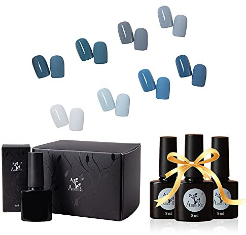 Gel-Nagellack 8 Grau-Blau-Töne, UV-LED Semi-permanentes Maniküre-Pediküre-Set, mit Base Coat+ Top Coat No Wipe + Top Coat Matt
