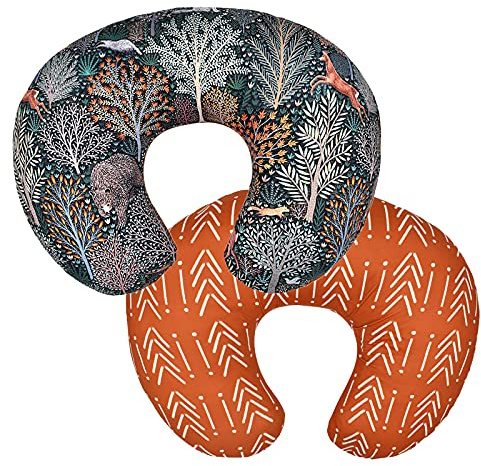 Winmany Lot de 2 Housses de Coussin d'allaitement Extensibles et remplaçables en Forme de U pour Nouveau-né - Motif forêt et Floral - 56,7 x 45,7 cm (forêt + géométrie rétro)