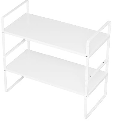 SANNO Erweiterbares Schrankregal, stapelbar, Thekenregal, Organizer für Schrank, Teller, Geschirr, Theke und Speisekammer, Weiß, 2 Stück