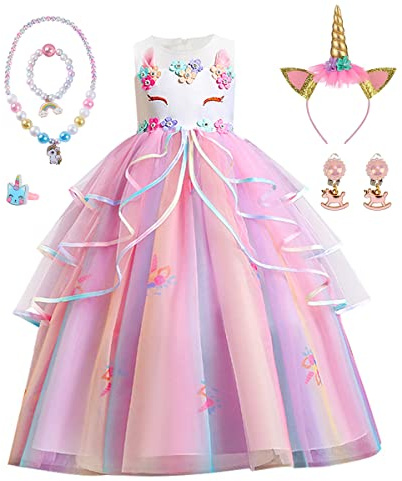 TOLOYE Prinsessklänning, flicka, enhörningskostym, barn, flickklänning med hårband, halsbandsset, prinsessa, kostym, klänning för jul, halloween, karneval, cosplay, födelsedagsfest