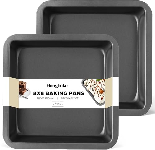 HONGBAKE 8x8 Cake Baking Pan Set, Nonstick Square Brownie Pans with Wider Grips, 2 Pieces, Heavy Duty, Grey