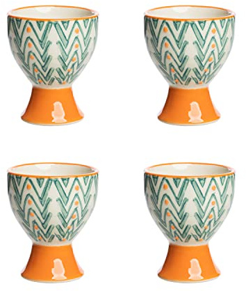 Tranquillo Juego de 4 hueveras MIX'N'MATCH, cerámica estampada a mano, apto para lavavajillas, naranja/verde, 6,5 x 5 cm