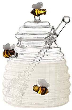 Sysdisen - Miel, Dispensador Miel Vidrio, Miel Vidrio Con Cucharón, Dispensador Jarabe Transparente, Tarros Miel Con Tapas Y Tallo Miel