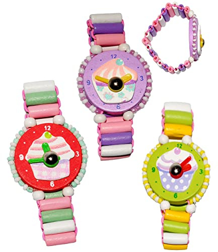 alles-meine.de GmbH 3 Stück Armbanduhren/Kinderuhren - Muffin - bunt - aus Holz - bewegliche Zeiger ! - Lernuhr mit Armband - Uhr für Kinder - Mädchen & Jungen - Holzarmb..