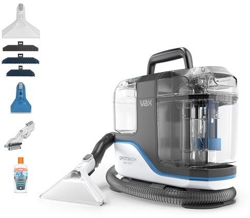 Vax SpotWash Max Duo Spot Cleaner, Upholstery, Sofa, Stairs, Rug, Stain Cleaning Small Handheld Shampooer Machine, Solution and Tools for Home, Car, Pets with Self-Clean, 500W, White / Blue, CDSW-MSXD