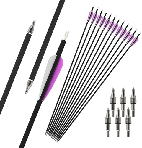 surwolf 30 Bågskytte Kolpilar 500 Spine Jaktpilar，Övningspilar, med 100 korn avtagbara tips för Archery Compound & Recurve båge (lila pilar, 12)