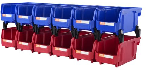 VEVOR Bac à Bec Plastique 12 Boites Rangement Empilables Atelier 276x139x128 mm Bleu/Rouge Combinaison Conteneur de Stockage Robustes pour Placard, Cuisine, Bureau, Garde-manger, Étagère, Mur d'Outils