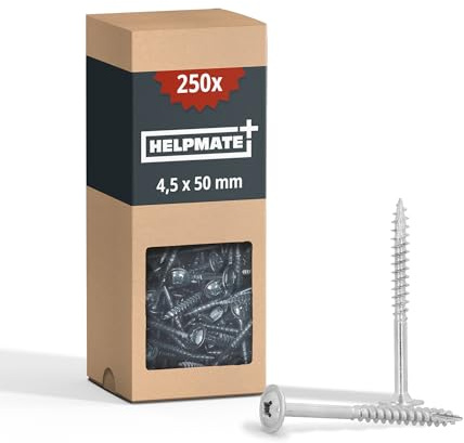 HELPMATE - Tornillos de conexión para madera (4,5 x 50 mm, galvanizados, 250 unidades, con accionamiento PZ2 y muesca de corte) - Para fijación de herrajes metálicos a madera